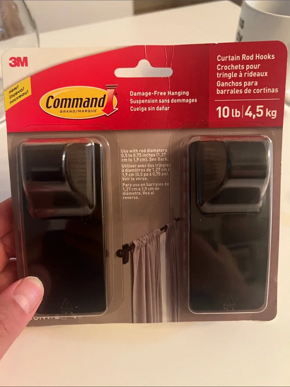 Command 10 lb Matte Black Curtain Rod Hooks - 2 Pack